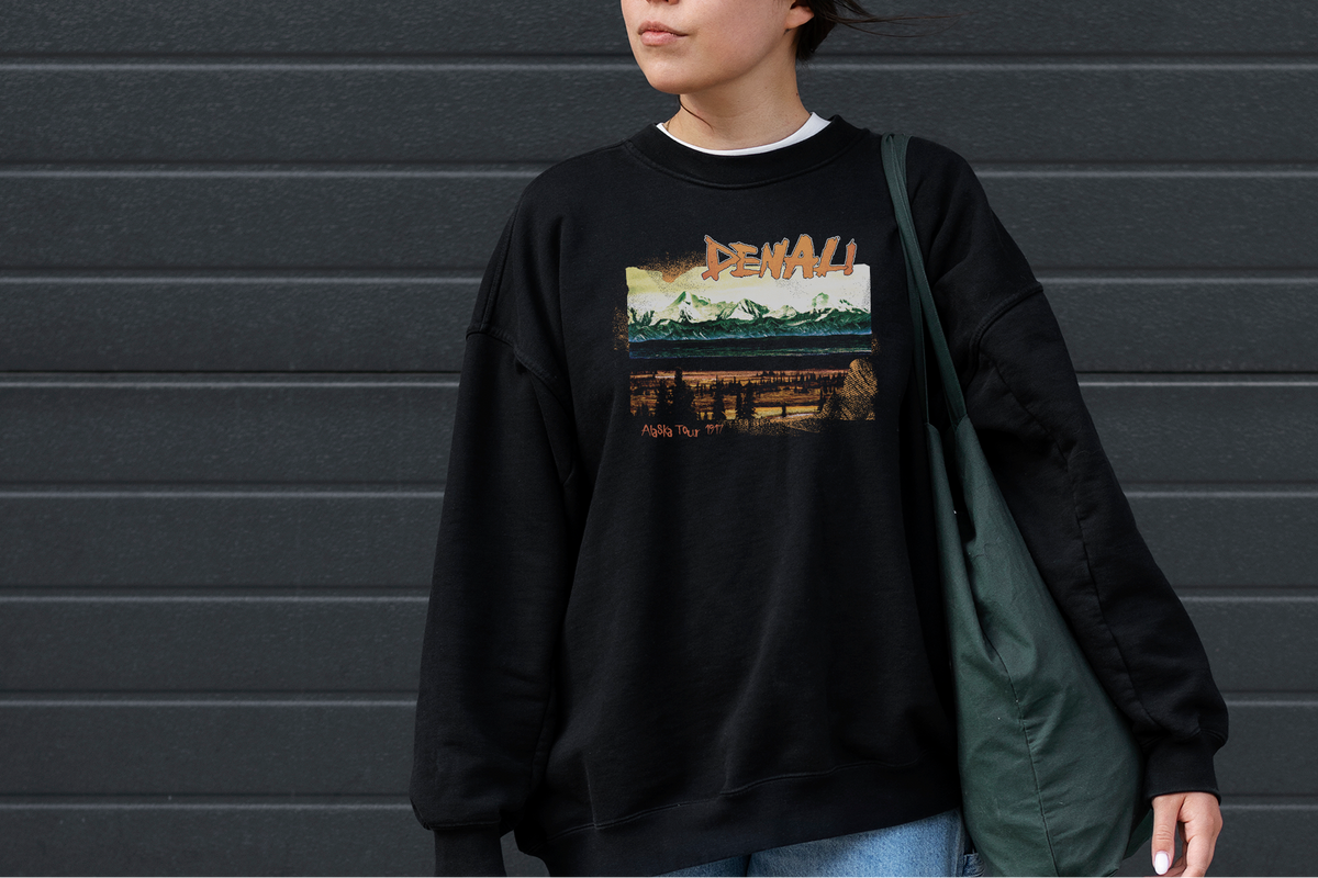 Person wearing a black sweatshirt with a 'Denali' graphic design in front of a gray wall