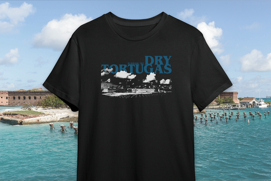 Black t-shirt with 'Dry Tortugas' text in front of a scenic view of the Dry Tortugas National Park.