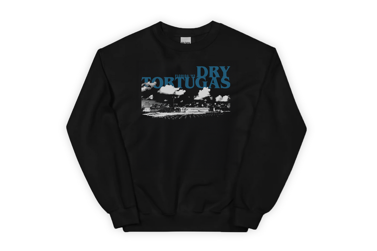 Black sweatshirt with 'Dry Tortugas' text and graphic on a white background
