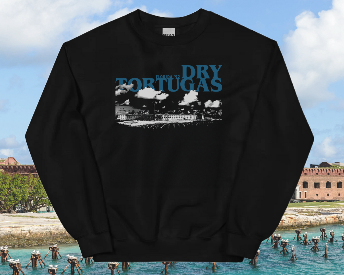 Black sweatshirt with 'Dry Tortugas' text and an image of a national park scene printed on the front.