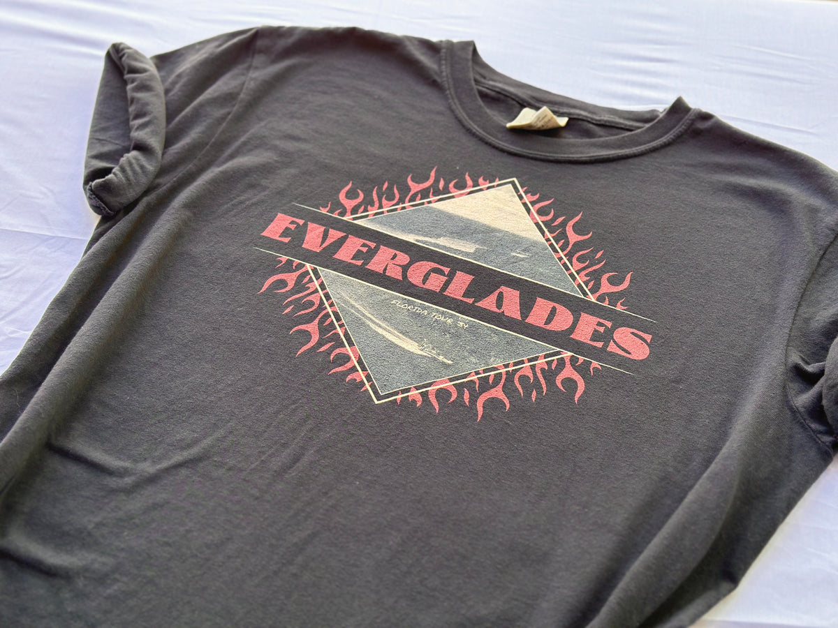 Black t-shirt with 'Everglades' graphic design on a white background