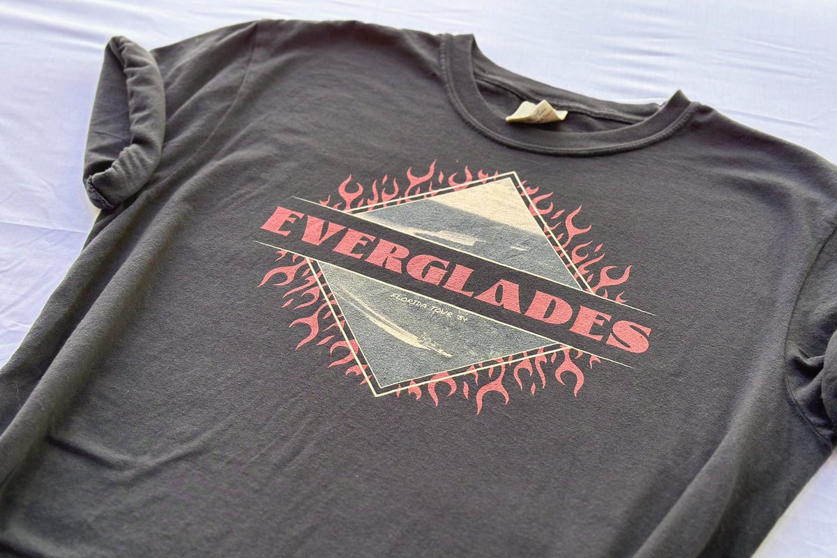 Black t-shirt with 'Everglades' graphic design on a white background
