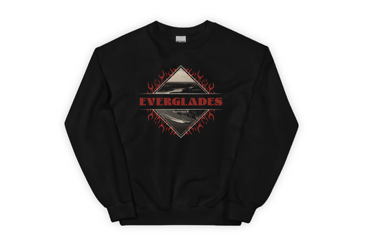 Black sweatshirt with 'Everglades' graphic design on a white background