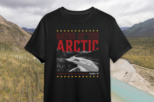 Black t-shirt with 'Gates of the Arctic' design in front of a mountainous landscape