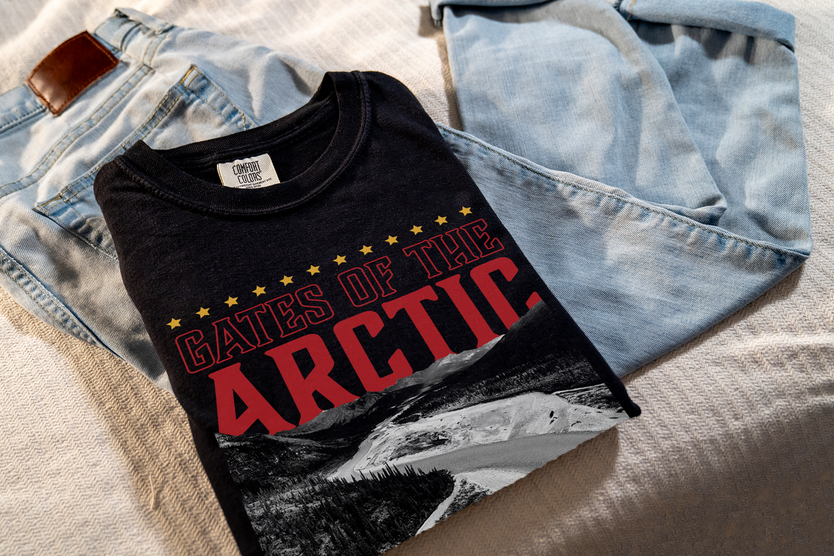 Black t-shirt with 'Gates of the Arctic' graphic laid on jeans