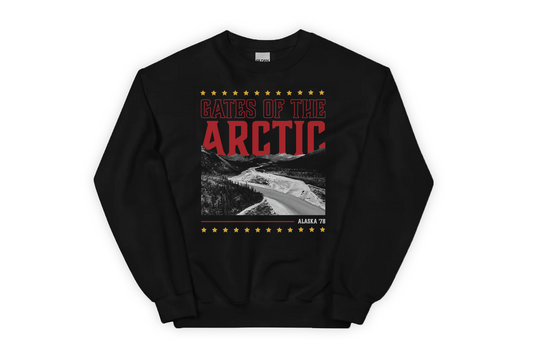 Black sweatshirt with 'Gates of the Arctic' graphic design on a white background