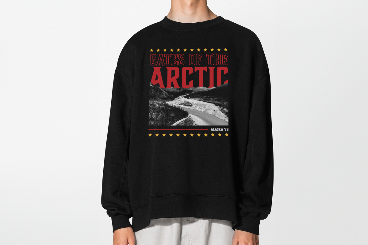 Black sweatshirt with 'Gates of the Arctic' graphic design on a white background