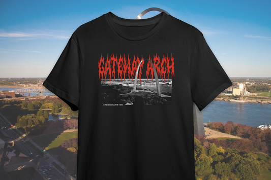 Black t-shirt with red text 'GATEWAY ARCH' against a cityscape background