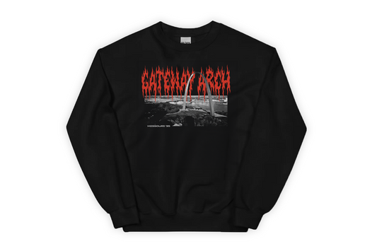 Black sweatshirt with red and white 'Gateway Arch' graphic design on a white background