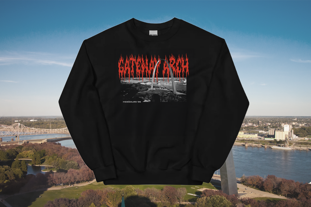 Black sweatshirt with 'Gateway Arch' design against a cityscape background