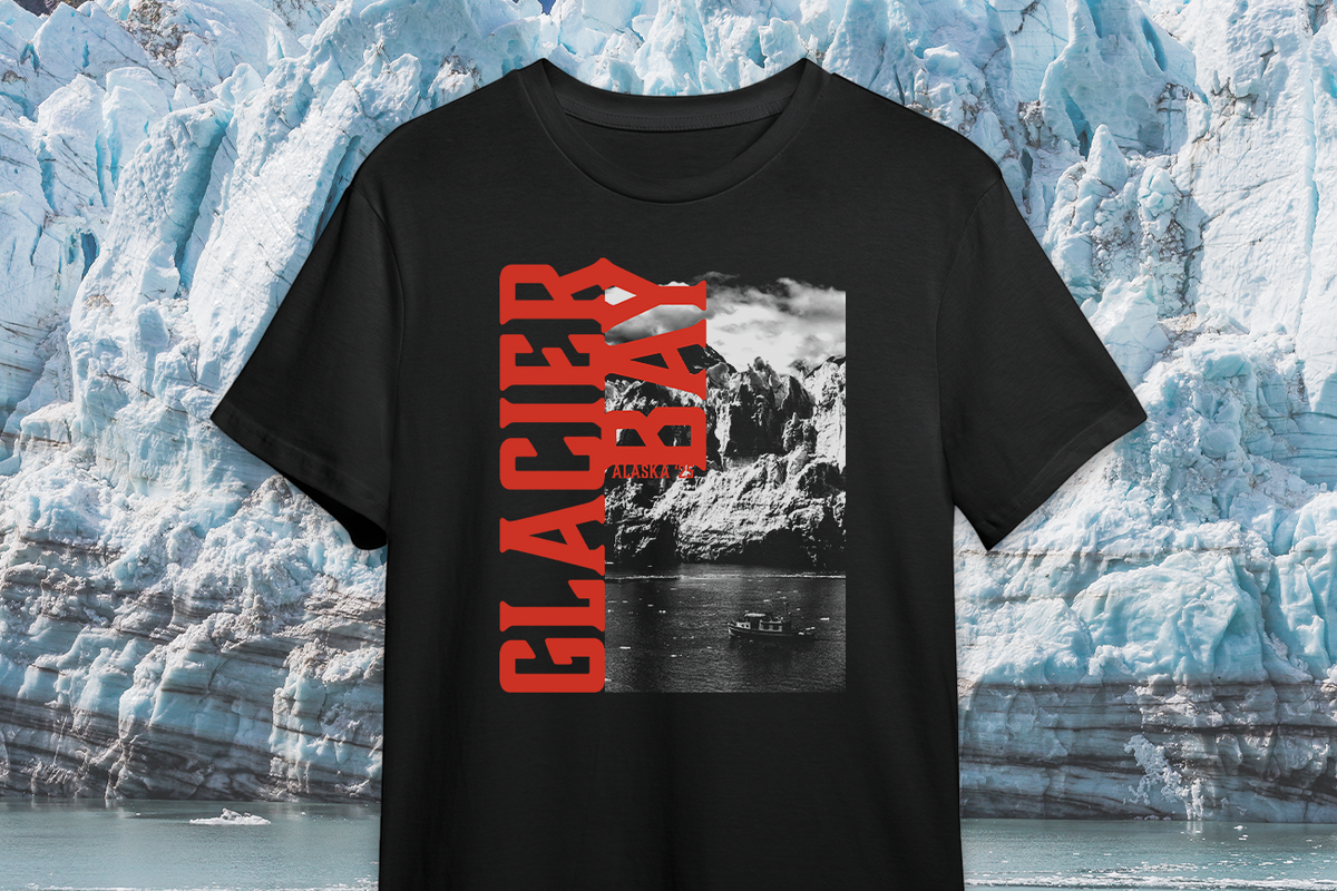 Black t-shirt with 'Glacier Bay' graphic in front of a glacier