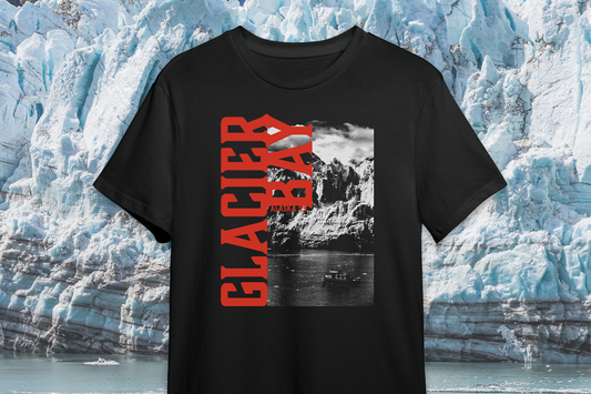 Black t-shirt with 'Glacier Bay' graphic in front of a glacier