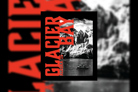 A black and white image of a glacier and water with red text.