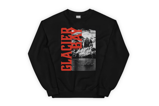 Black sweatshirt with red 'Glacier Bay' text and a mountain graphic on a white background