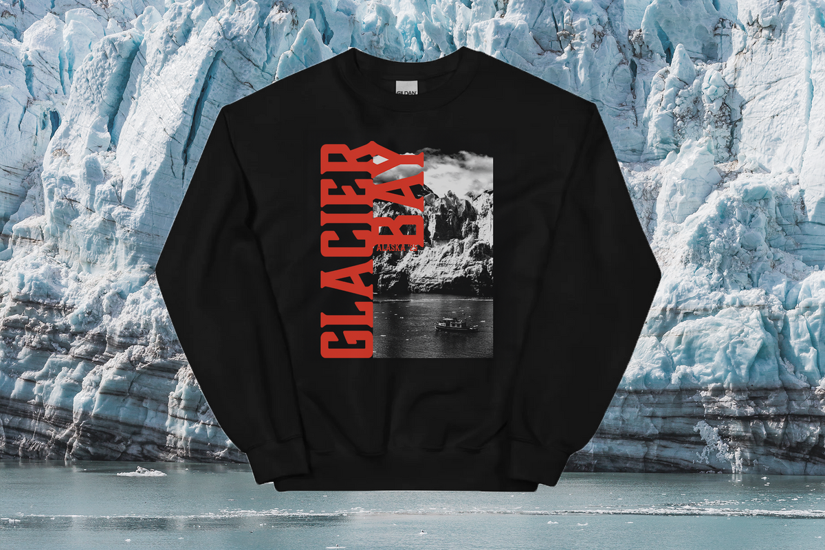 Black sweatshirt with 'GLACIER BAY' text in red against a glacier background