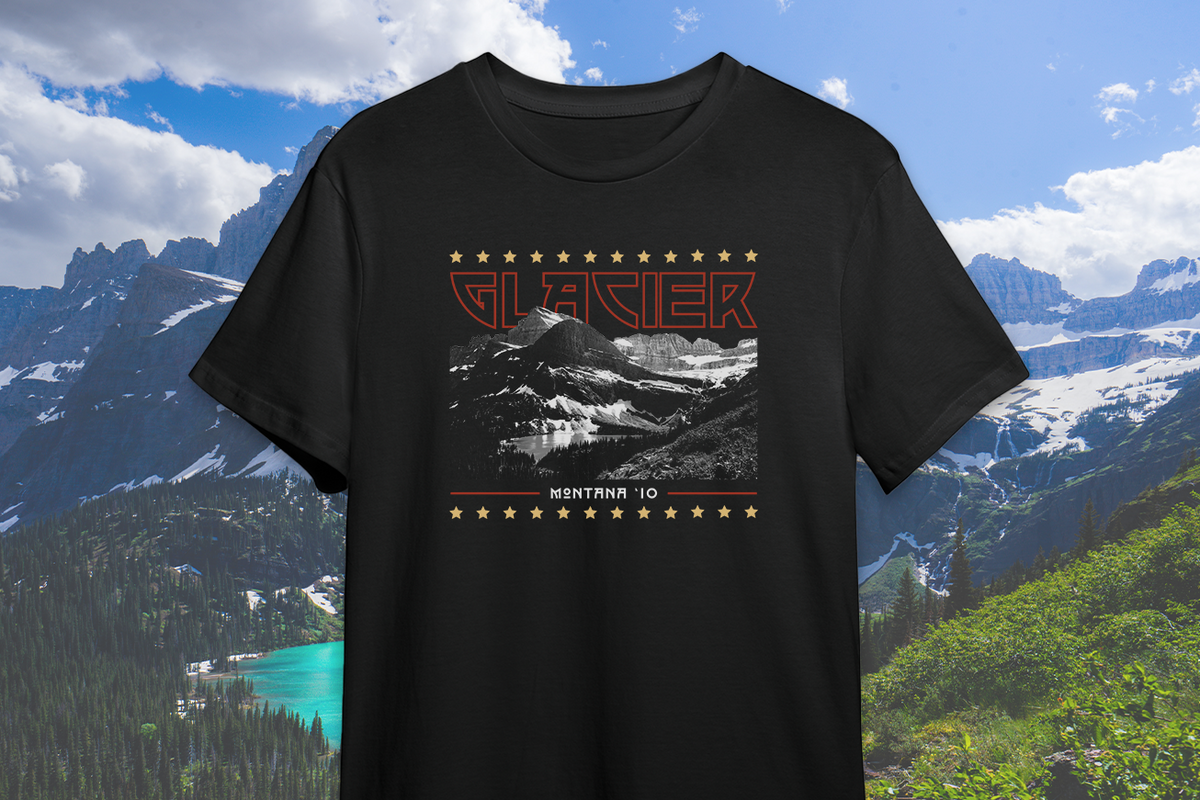 Black t-shirt with mountain graphic and 'Glacier' text against a mountainous landscape