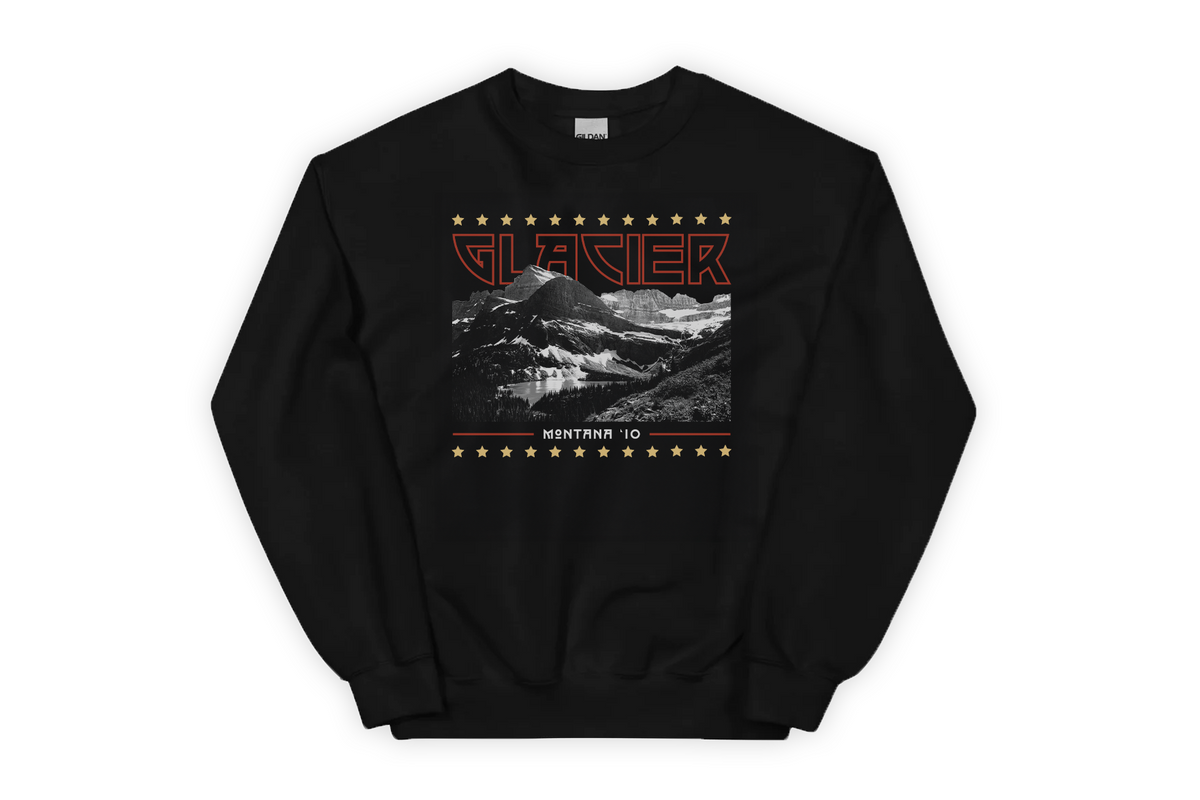 Black sweatshirt with mountain graphic and 'Glacier' text on a white background