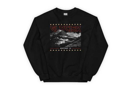 Black sweatshirt with mountain graphic and 'Glacier' text on a white background