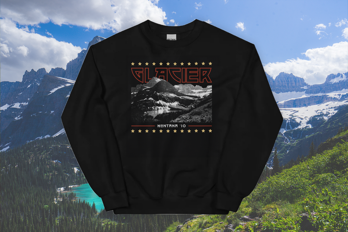 Black sweatshirt with mountain graphic and 'Glacier' text against a mountainous landscape