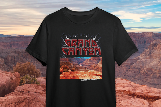 Black t-shirt with Grand Canyon design against a Grand Canyon backdrop