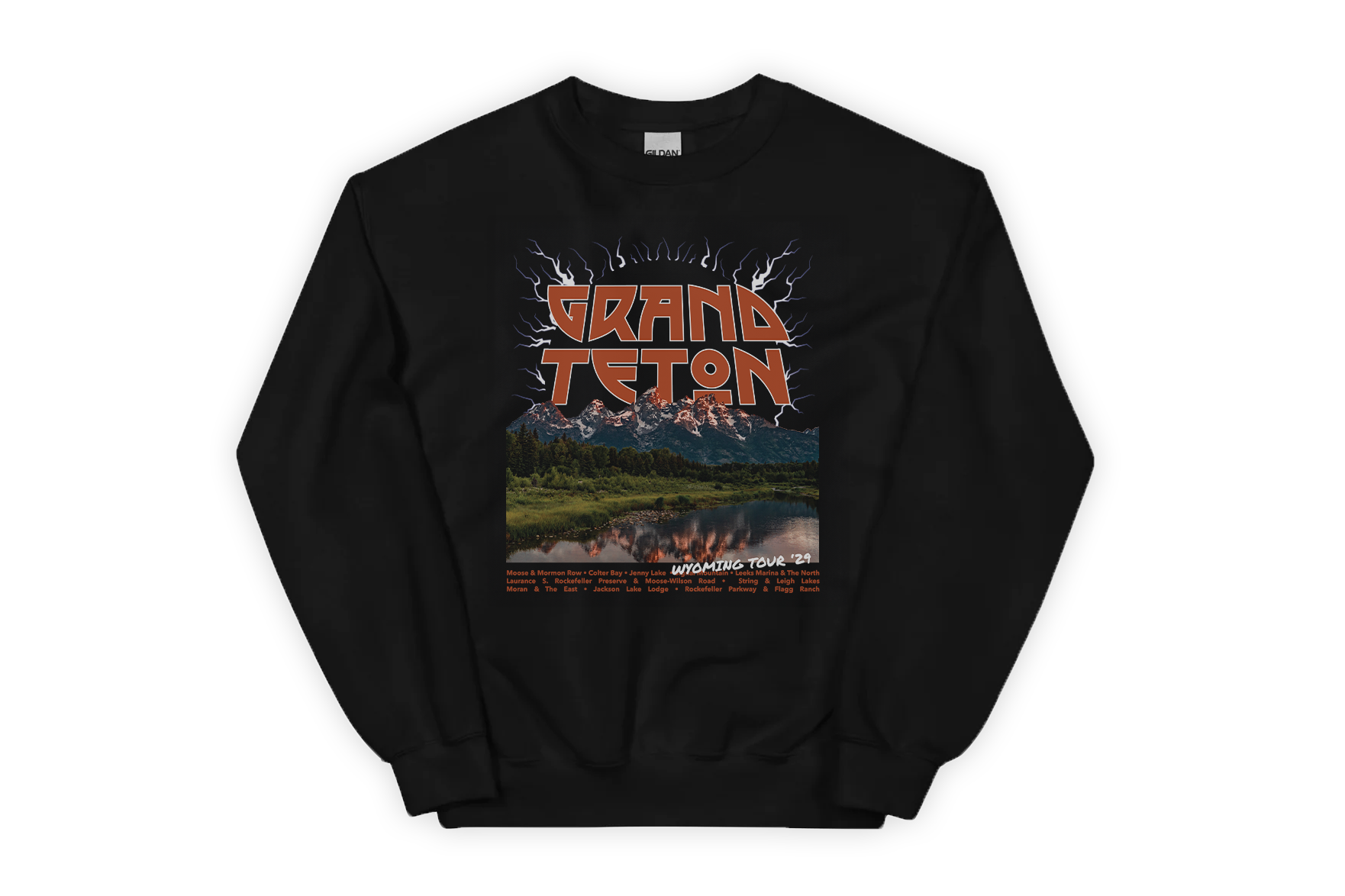 Black sweatshirt with 'Grand Teton' graphic design on a white background