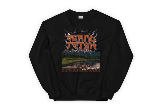 Black sweatshirt with 'Grand Teton' graphic design on a white background
