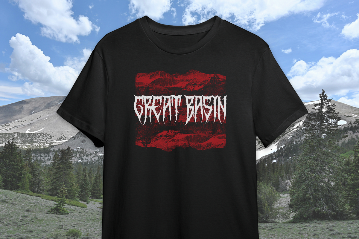 Black t-shirt with red and white 'Great Basin' graphic design against a mountainous landscape