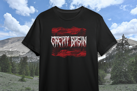 Black t-shirt with red and white 'Great Basin' graphic design against a mountainous landscape