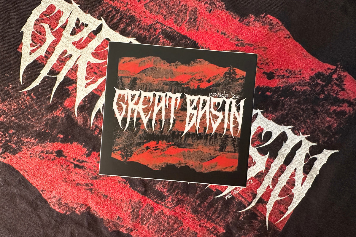 Sticker with 'Great Basin' text on a red and black background.