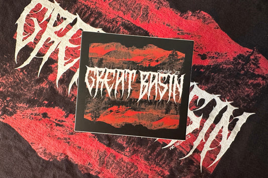 Sticker with 'Great Basin' text on a red and black background.