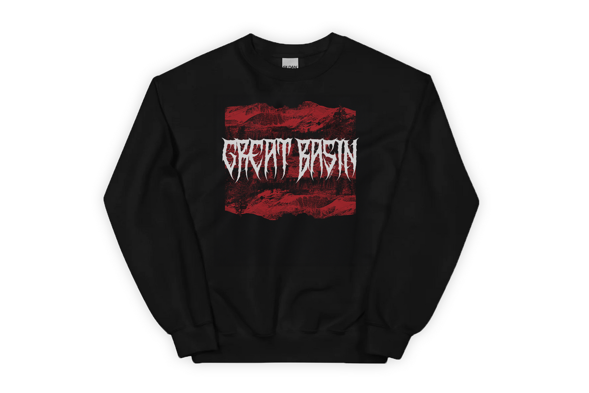 Black sweatshirt with 'Great Basin' graphic design on a white background