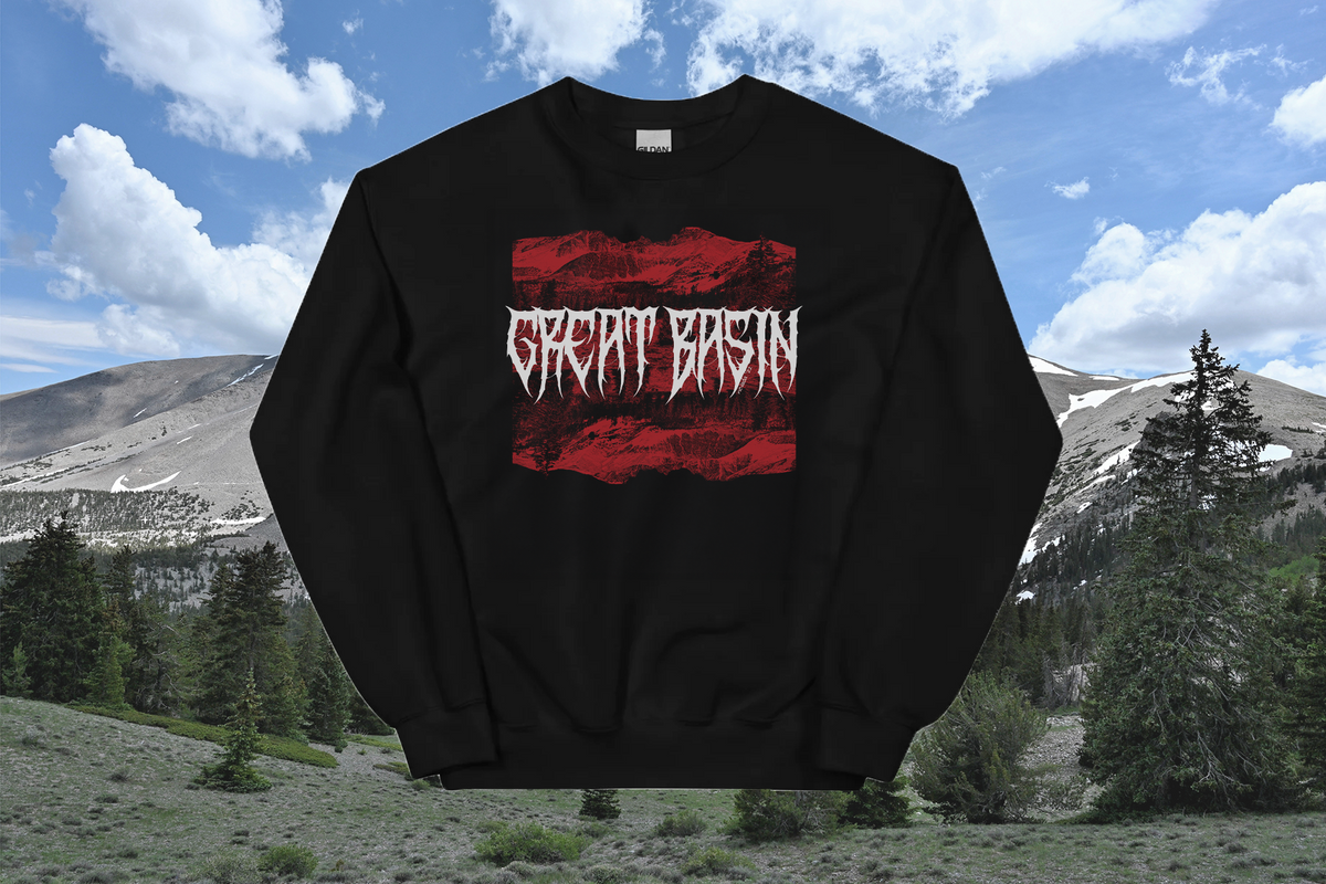 Black sweatshirt with 'Great Basin' graphic in red and white against a mountainous landscape.