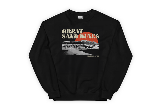 Black sweatshirt with 'Great Sand Dunes' graphic on a white background