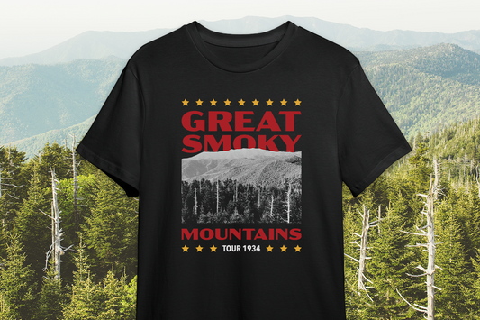 Black t-shirt with 'Great Smoky Mountains Tour 1934' design against a mountainous background