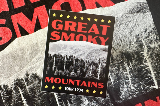 Sticker with a red and white 'Great Smoky Mountains' design, on a textured background