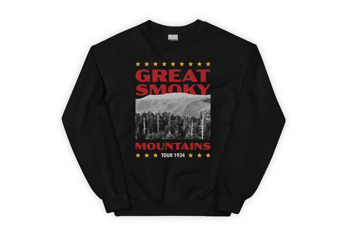 Black sweatshirt with 'Great Smoky Mountains' graphic design on a white background