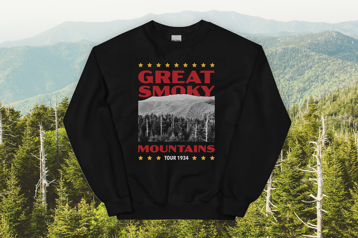 Black sweatshirt with 'Great Smoky Mountains' design in front of a mountainous forest landscape
