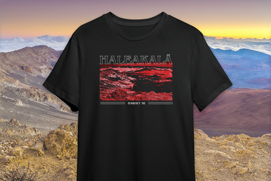 Black t-shirt with red 'Haleakala' graphic design on a mountain landscape background