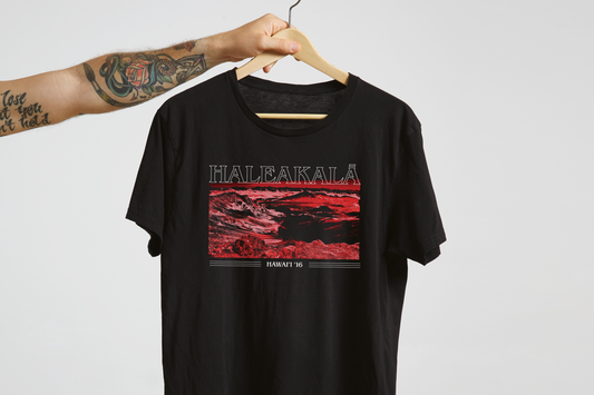 Black t-shirt with red 'Haleakala' graphic design and text on a white background
