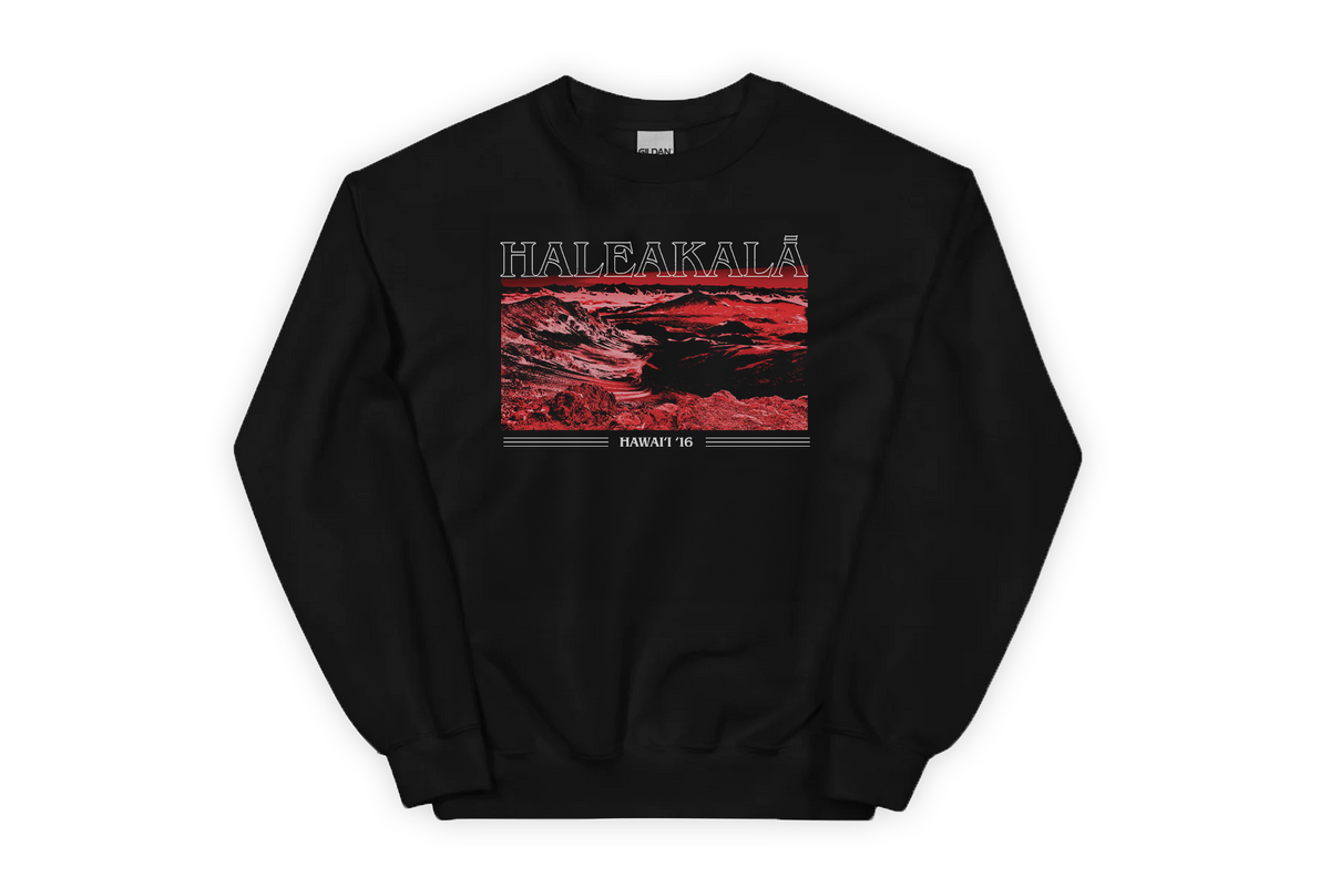 Black sweatshirt with red 'Haleakala' graphic design on a white background