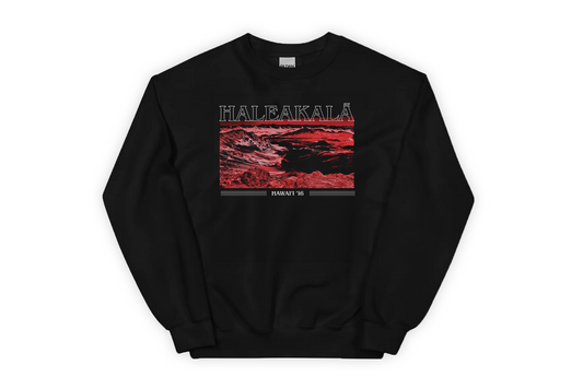 Black sweatshirt with red 'Haleakala' graphic design on a white background