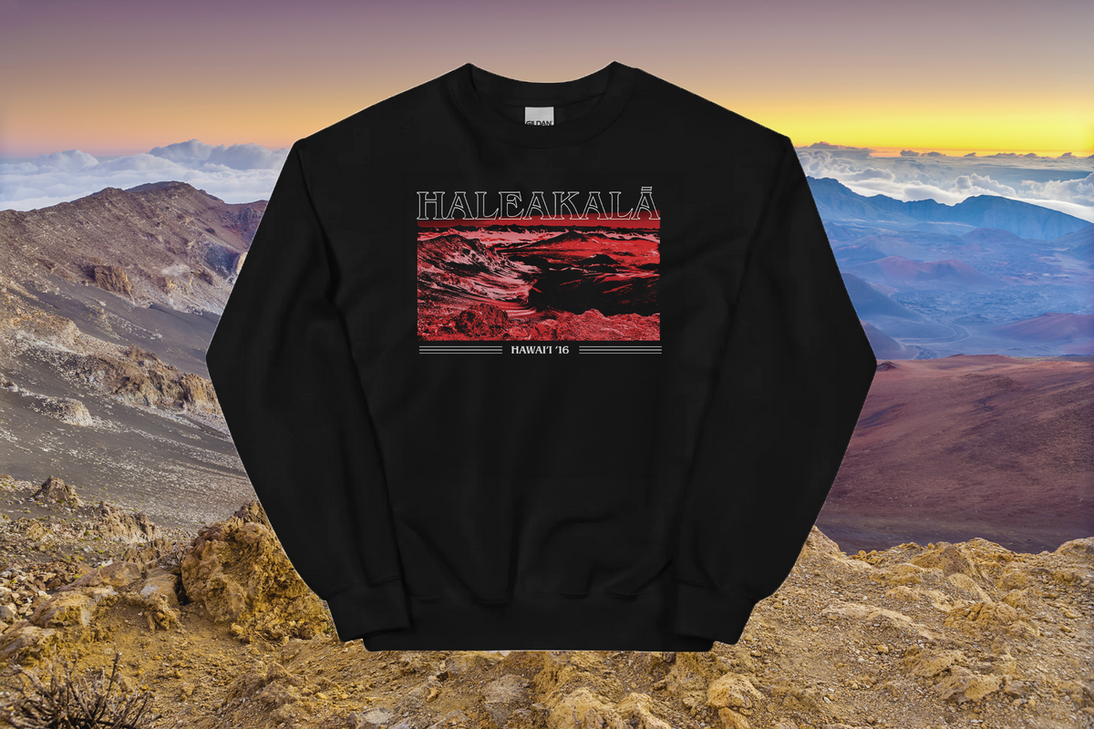 Black sweatshirt with a 'Haleakala' graphic design on a mountain landscape background