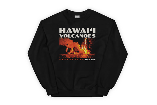 Black sweatshirt with 'Hawaii Volcanoes' graphic on a white background