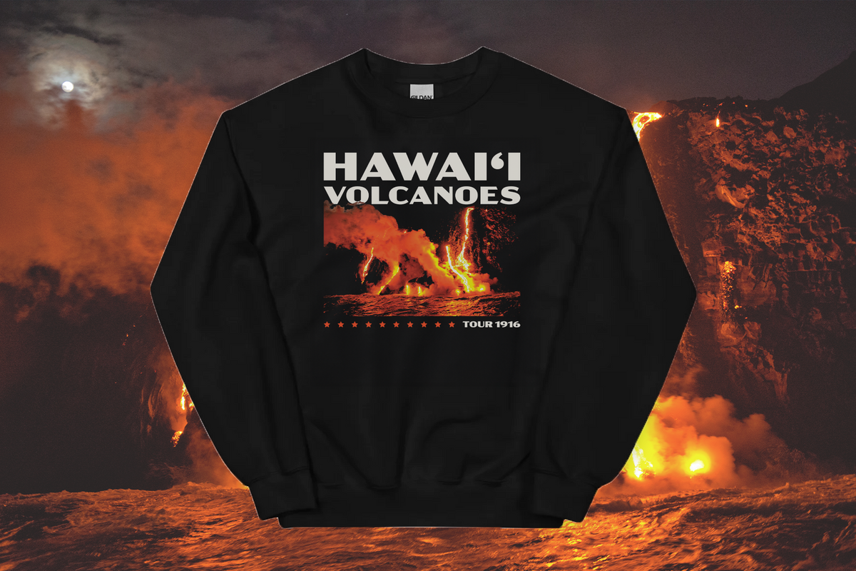 Black sweatshirt with 'HAWAII VOLCANOES' text and graphic against a volcanic background