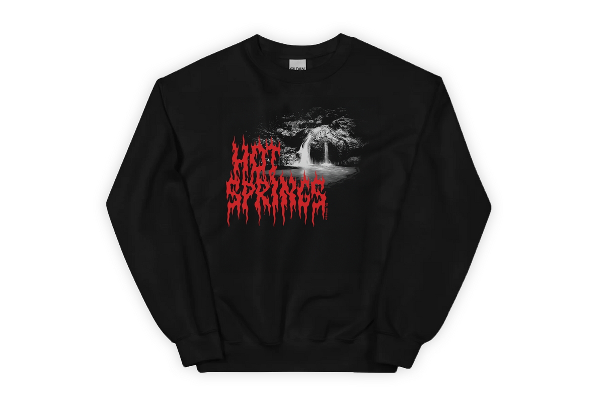 Black sweatshirt with 'Hot Springs' red and white graphic design on a white background
