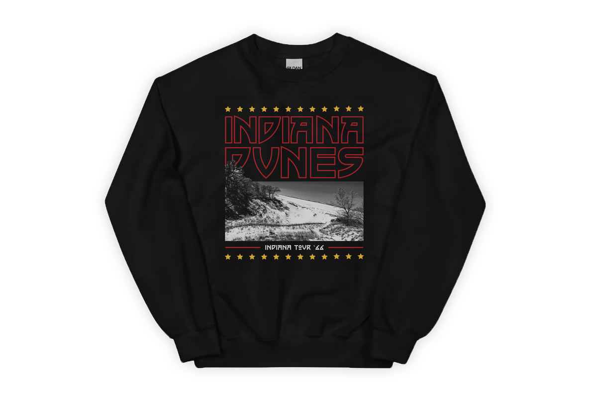 Black sweatshirt with 'Indiana Dunes' graphic design on a white background