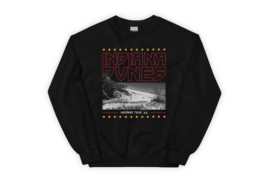 Black sweatshirt with 'Indiana Dunes' graphic design on a white background