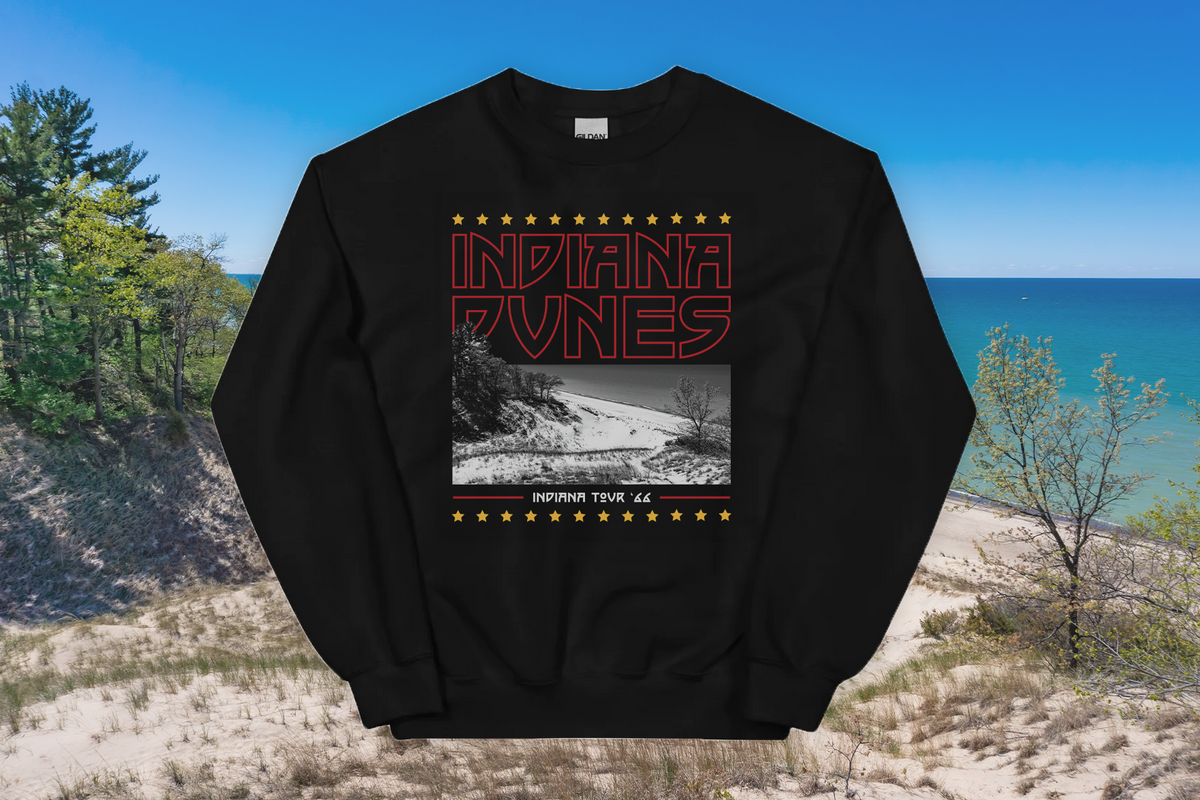 Black sweatshirt with 'Indiana Dunes' design on a scenic background