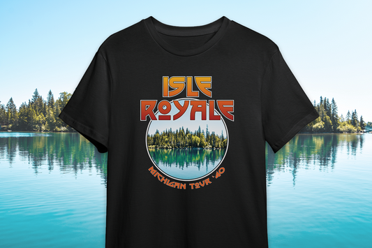 Black t-shirt with Isle Royale design on a scenic background