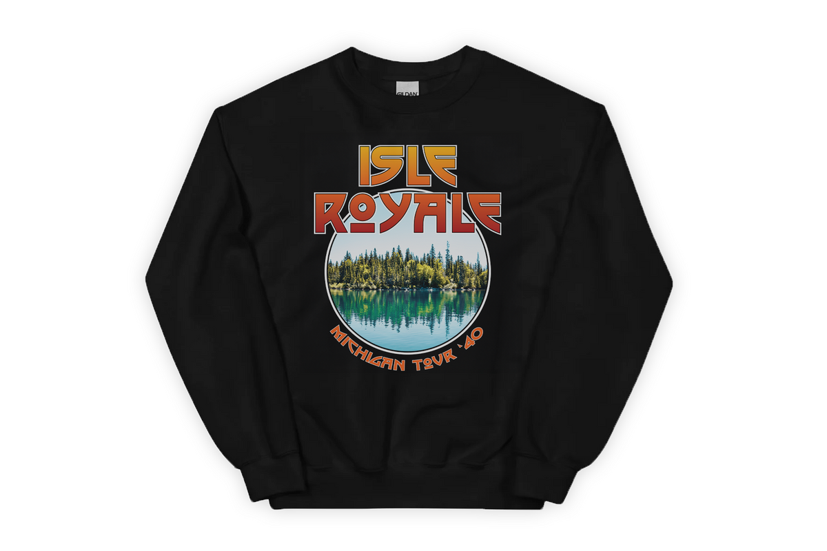Black sweatshirt with Isle Royale Michigan design on a white background